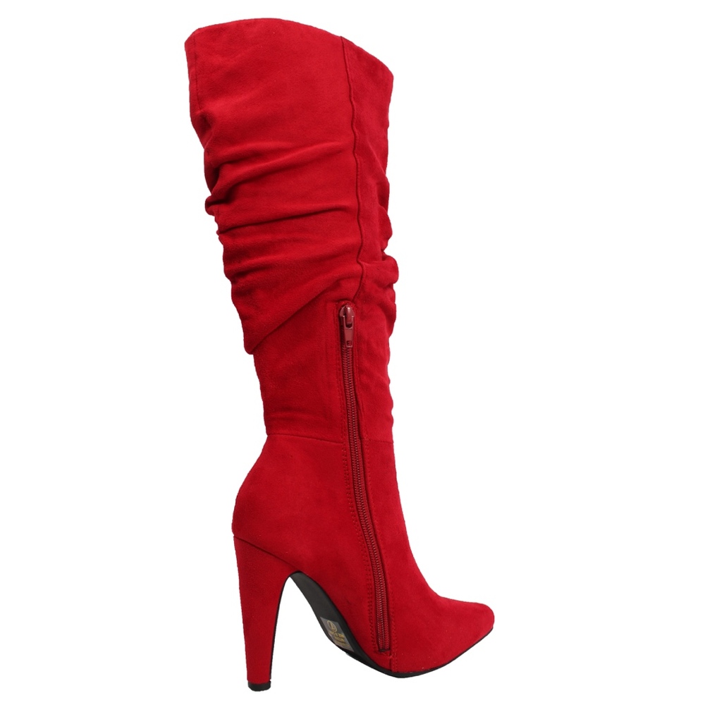 Red Faux Suede Slouchy Knee High Stiletto Boot - Picture 3 of 6